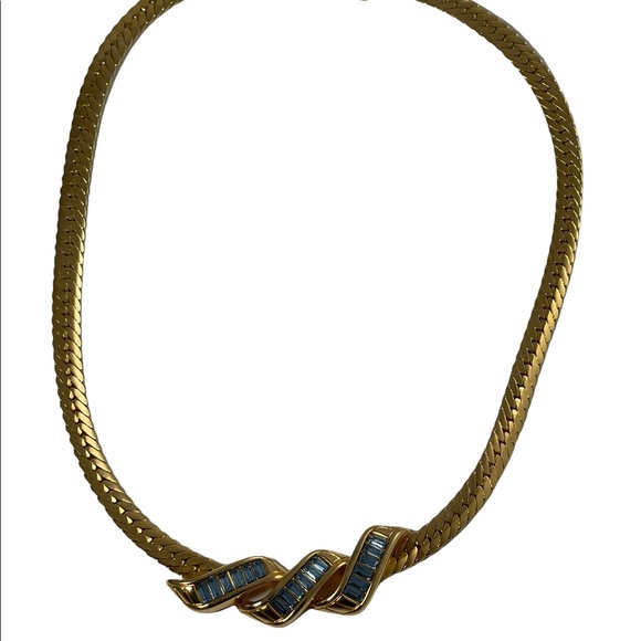 Vintage 1980s Swarovski authentic (SAL) blue Crystal gold choker necklace - Picture 3 of 8